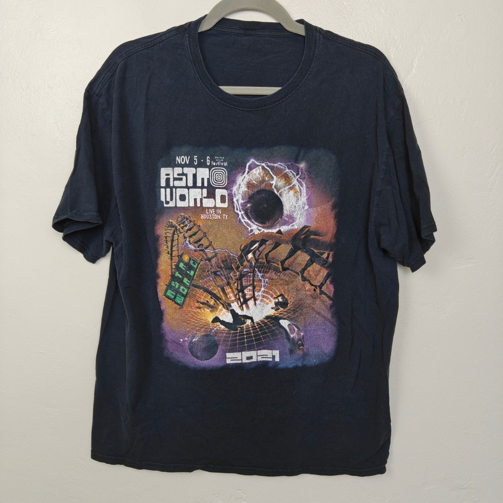 Travis Scott Mens Astroworld Tee Large Black Graphic 2021 Festival Streetwear